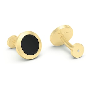Natural Onyx & Diamonds 18k Gold or Silver Round Cufflinks, Gift for him