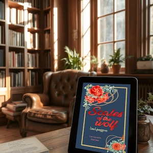 Puede incluir: Una tableta digital muestra la portada del libro "Scales of the Wolf" de Lina Ljunggren. La portada presenta rosas rojas, detalles de cadenas doradas y un fondo azul marino. La tableta está sobre una mesa de madera en una biblioteca.