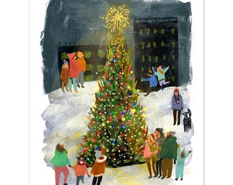 Tree Lighting Christmas Art Print – Whimsical Holiday Wall Decor, Cheerful City Winter Scene