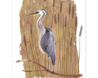 Blue Heron Art Print | Maine Coastal Bird Wall Art | Whimsical Wildlife Illustration