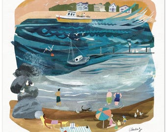 Coastal Art Print: Hidden Cove Maine Beach Scene, Mixed Media Illustration