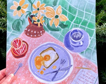 Breakfast Art Print: Morning Pages, Coffee, Sunflowers - 10x10 Unframed
