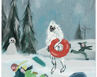 Unique Yeti Snow Day Print - Humorous Outsider Art - Giclee Wall Art