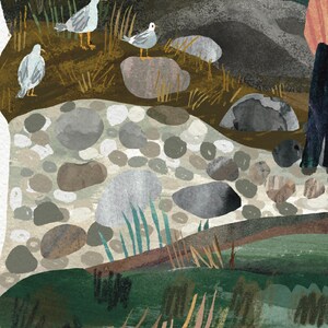 May include: An illustrated scene of a coastal landscape with seagulls. The artwork features a rocky shoreline with various sized stones and patches of green vegetation. Three seagulls are perched on rocks and in the grass, with a person standing in the background.