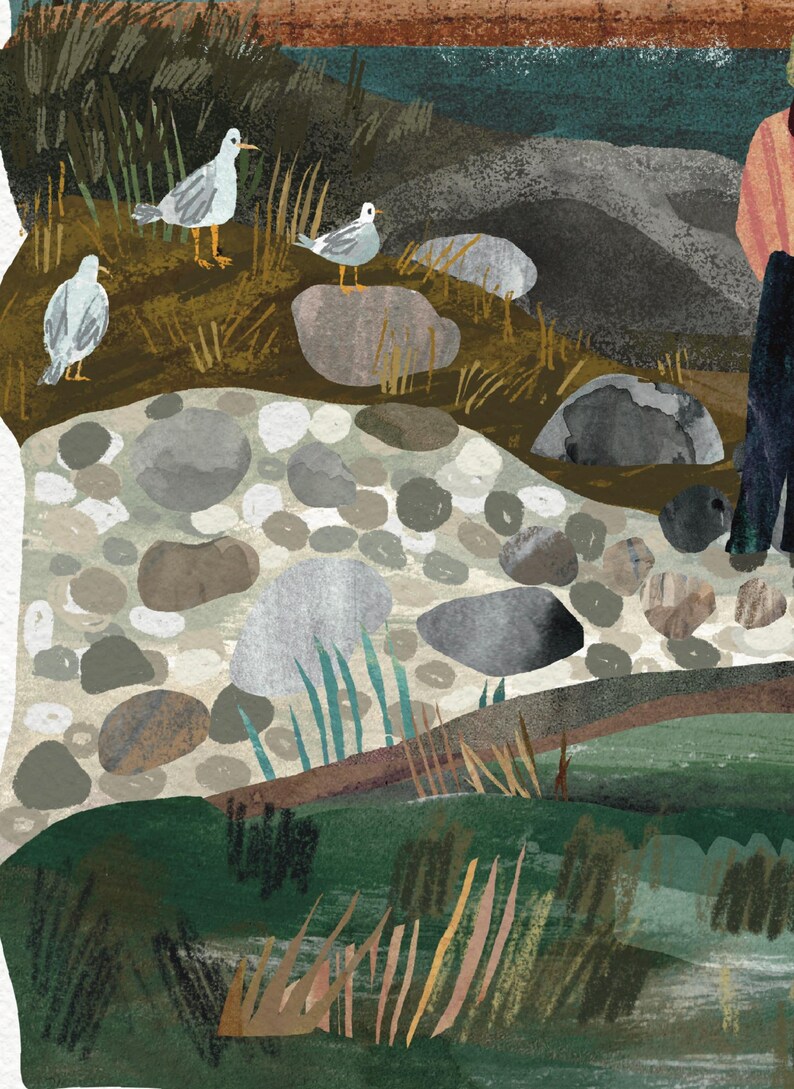 May include: An illustrated scene of a coastal landscape with seagulls. The artwork features a rocky shoreline with various sized stones and patches of green vegetation. Three seagulls are perched on rocks and in the grass, with a person standing in the background.