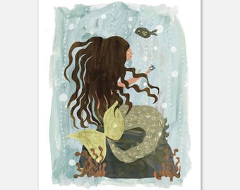 Whimsical Mermaid Giclée Print: Coastal Folk Art for Beach House Decor