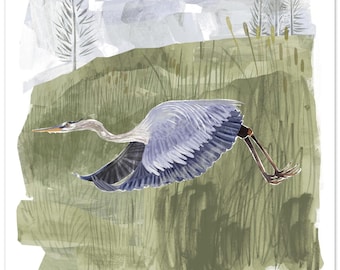 Blue Heron Art Print | Flying Bird Illustration, Coastal Marsh Decor
