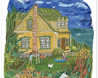 Whimsical Maine Coastal Art Print – New England Summer Seaside Home Scene