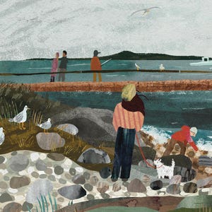 May include: An illustrated scene of a coastal landscape with people and animals. A person walks a dog on a leash along a rocky shore. Other figures are on a wooden structure over the water. Seagulls are scattered around the scene.