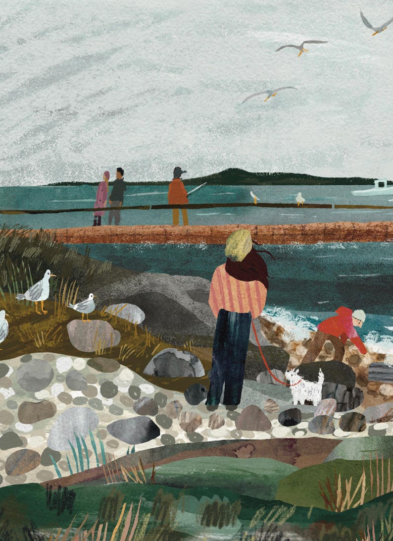 May include: An illustrated scene of a coastal landscape with people and animals. A person walks a dog on a leash along a rocky shore. Other figures are on a wooden structure over the water. Seagulls are scattered around the scene.