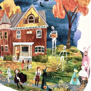 May include: Watercolor illustration of a Halloween scene with a two-story house, trick-or-treaters, and skeletons. The house is brown with a yellow roof. Children in costumes walk on a path. Bats fly in the night sky. A crescent moon is visible.