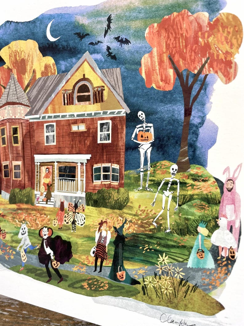 May include: Watercolor illustration of a Halloween scene with a two-story house, trick-or-treaters, and skeletons. The house is brown with a yellow roof. Children in costumes walk on a path. Bats fly in the night sky. A crescent moon is visible.