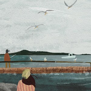 May include: An illustration of a coastal scene with a cloudy sky and a dark blue sea. A person in an orange coat stands on a pier, while others are on the shore. Several seagulls fly overhead, and a white boat is in the distance.