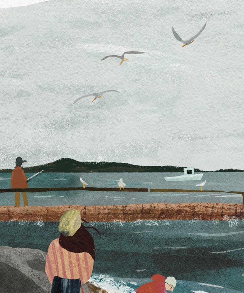 May include: An illustration of a coastal scene with a cloudy sky and a dark blue sea. A person in an orange coat stands on a pier, while others are on the shore. Several seagulls fly overhead, and a white boat is in the distance.