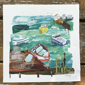 Portland Maine Harbor Giclée Art Print: Mixed Media Fishing Boats Art, Coastal Scene