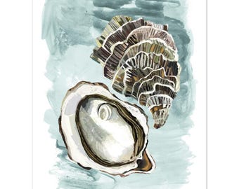 Coastal Oyster Shell Giclée Art Print: Beach House Wall Decor
