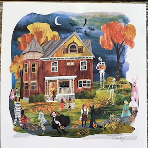 May include: A watercolor illustration of a house at night during Halloween. The house is brown with a yellow gable and a turret. Trick-or-treaters in costumes are in the yard, including skeletons, a vampire, and a person in a bunny costume.