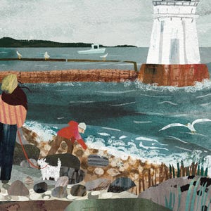 May include: Illustration of a coastal scene with a white lighthouse, seagulls, and a small boat. A person in a red jacket and a dog are on the rocky shore. The artwork has a textured, painterly style, with muted colors and a serene atmosphere.