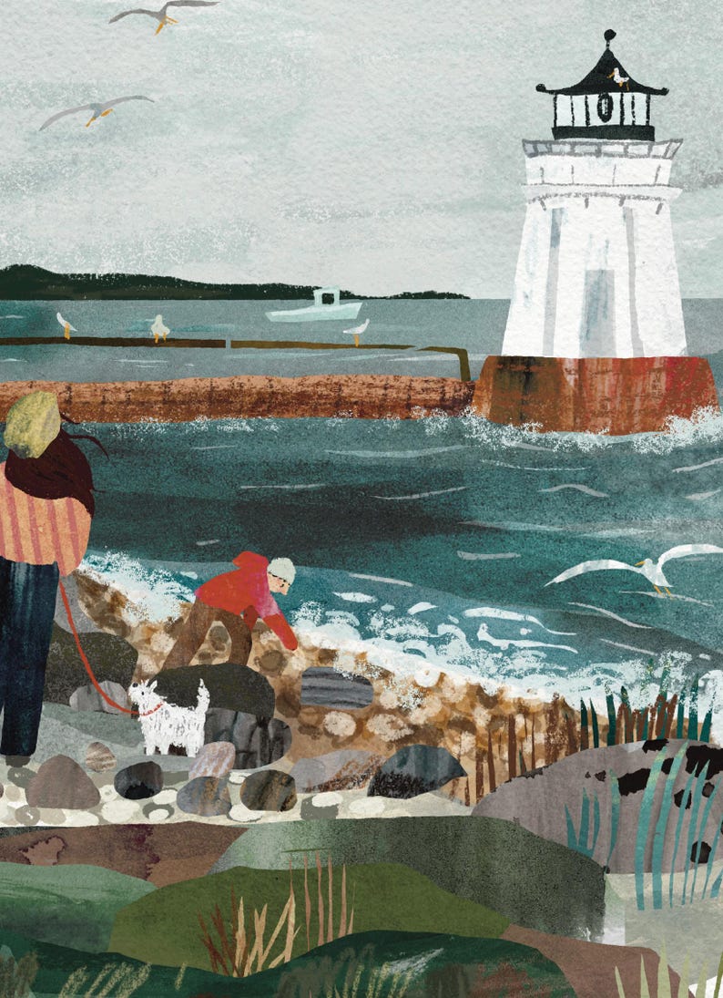 May include: Illustration of a coastal scene with a white lighthouse, seagulls, and a small boat. A person in a red jacket and a dog are on the rocky shore. The artwork has a textured, painterly style, with muted colors and a serene atmosphere.