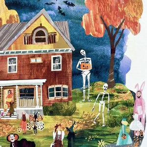 May include: Watercolor illustration of a Halloween scene with a two-story house, trick-or-treaters in costumes, and skeletons. The sky is dark blue with a crescent moon and bats. An orange tree is on the right.