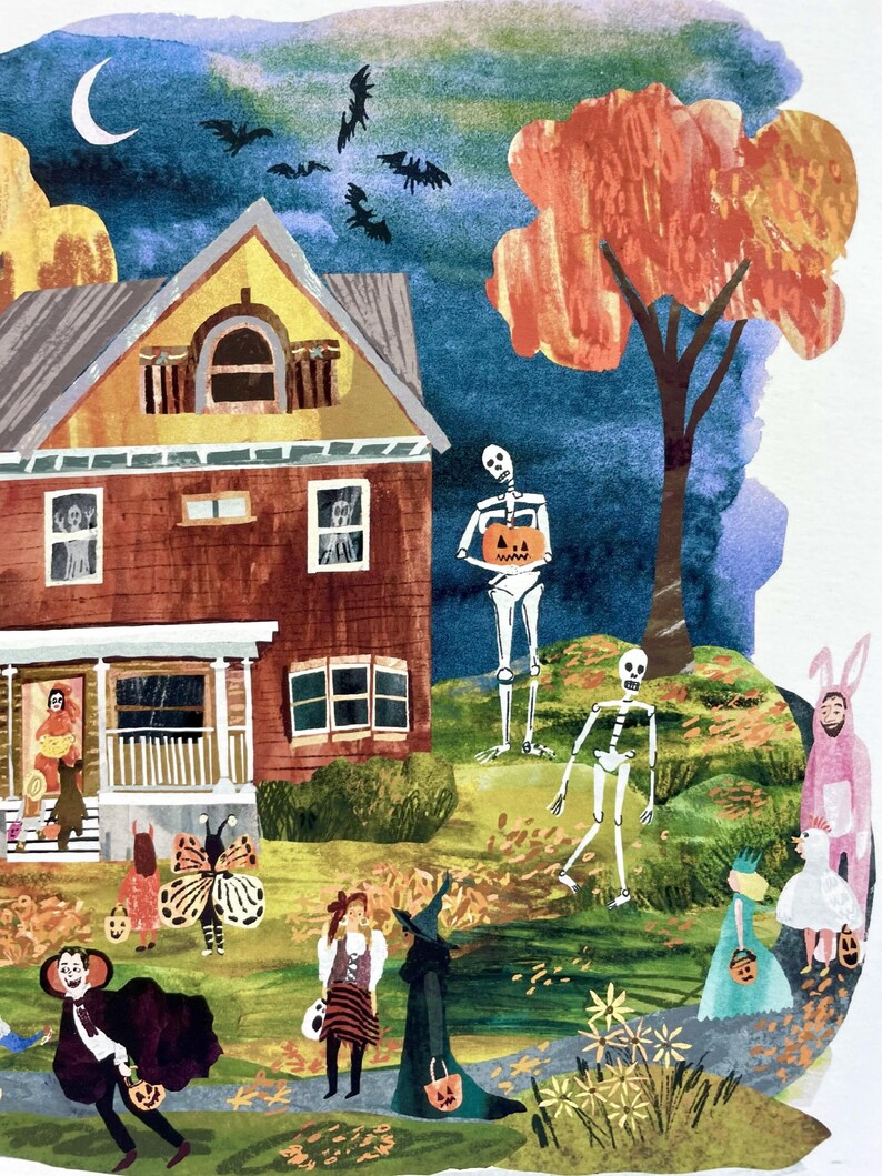 May include: Watercolor illustration of a Halloween scene with a two-story house, trick-or-treaters in costumes, and skeletons. The sky is dark blue with a crescent moon and bats. An orange tree is on the right.
