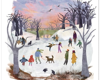 Winter Ice Skating Pond Art Print: New England Folk Art Giclée