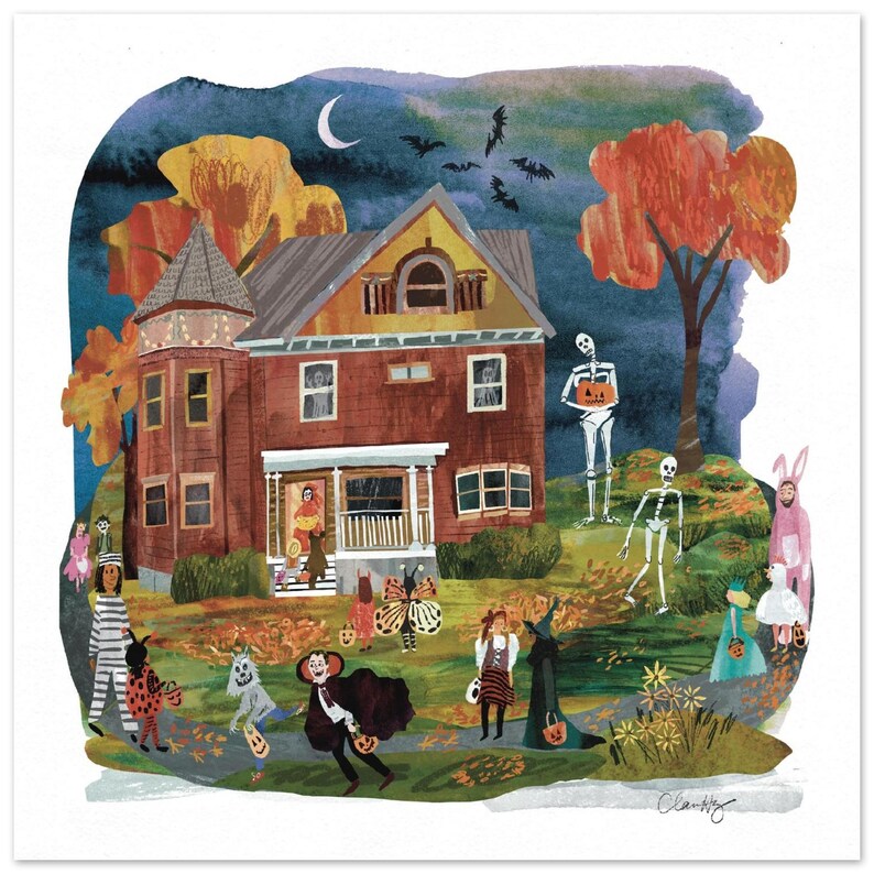 Halloween Trick or Treating in New England Giclée Art Print for Playful Fall Decor image 5