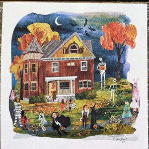 May include: A watercolor illustration of a house at night during Halloween. The house is brown with a yellow gable and a porch. Trick-or-treaters in costumes, including skeletons, a vampire, and a witch, are in the yard. The sky is dark blue with a crescent moon.
