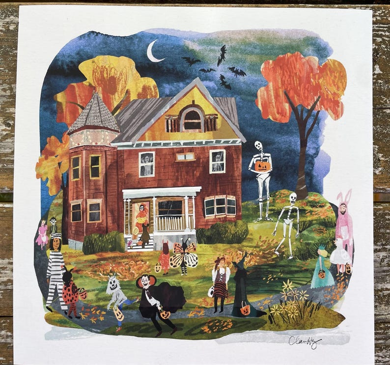 May include: A watercolor illustration of a house at night during Halloween. The house is brown with a yellow gable and a porch. Trick-or-treaters in costumes, including skeletons, a vampire, and a witch, are in the yard. The sky is dark blue with a crescent moon.