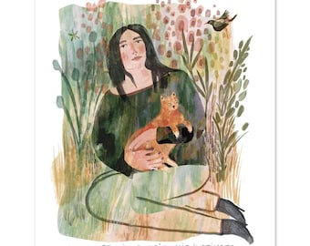 Woman with Orange Cat Portrait, Whimsical Folk Wall Art for Cat Lover