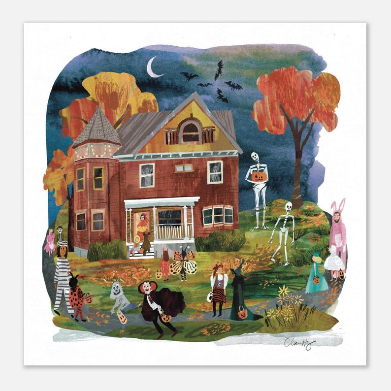 Halloween Trick or Treating in New England Giclée Art Print for Playful Fall Decor image 7