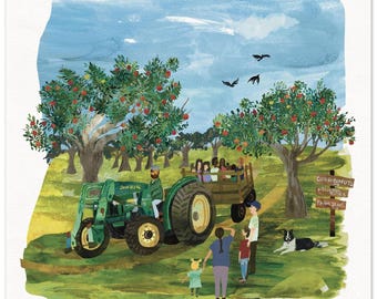 Apple Picking Hayride with Tractor Art Print: New England Orchard Illustration