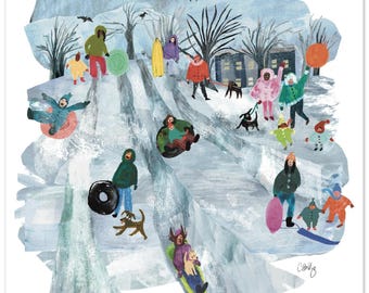 Sledding Hill Giclée Art Print: New England Winter Folk Art
