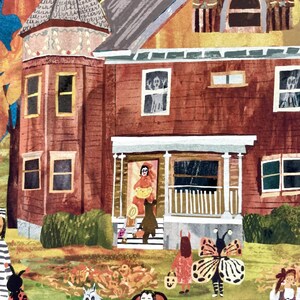May include: A colorful illustration of a house decorated for Halloween. Trick-or-treaters in costumes, including a vampire, werewolf, and butterfly, are shown in front of the house. The house has ghosts in the windows and a person handing out candy.