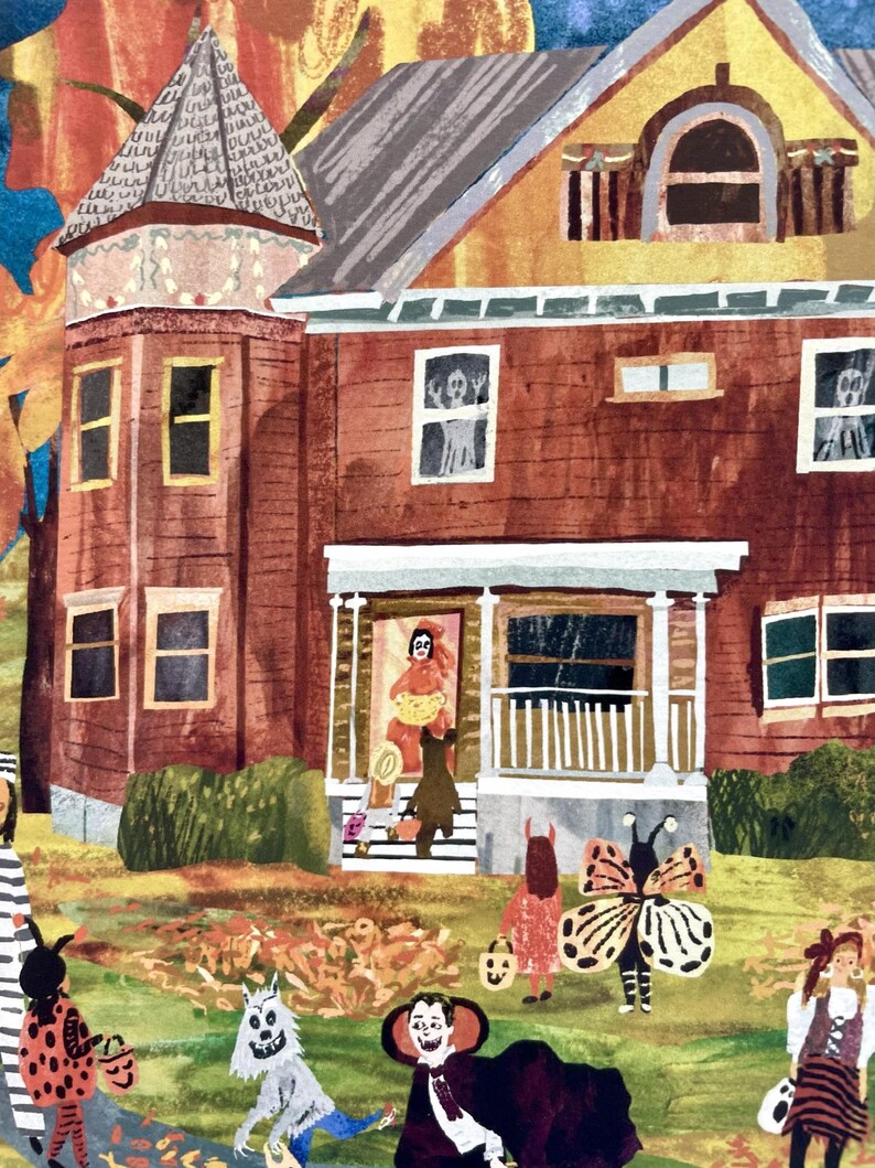 May include: A colorful illustration of a house decorated for Halloween. Trick-or-treaters in costumes, including a vampire, werewolf, and butterfly, are shown in front of the house. The house has ghosts in the windows and a person handing out candy.