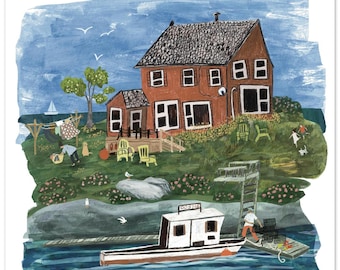 Island Life - Coastal Maine Family in Summer House with Lobster Boat Folk Art Print