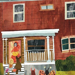 May include: Illustration of a house decorated for Halloween. Children in costumes approach the front door, while ghosts appear in the windows. A large butterfly costume is in the foreground. The house is painted red with white trim.