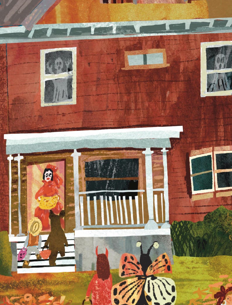 May include: Illustration of a house decorated for Halloween. Children in costumes approach the front door, while ghosts appear in the windows. A large butterfly costume is in the foreground. The house is painted red with white trim.