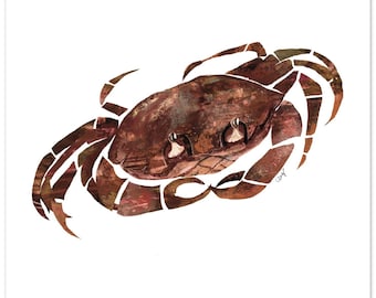 Red Crab Giclée Art Print: Coastal Collage Illustration, Bold Sea Life