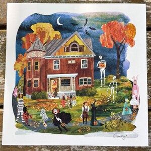 May include: A watercolor illustration of a house decorated for Halloween. Trick-or-treaters in costumes walk on a path in front of the house. Skeletons and bats are in the yard. The house is brown with orange and yellow trees.