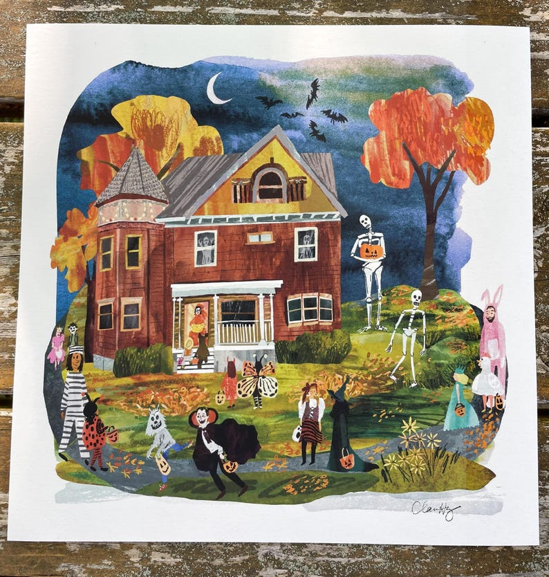 May include: A watercolor illustration of a house decorated for Halloween. Trick-or-treaters in costumes walk on a path in front of the house. Skeletons and bats are in the yard. The house is brown with orange and yellow trees.