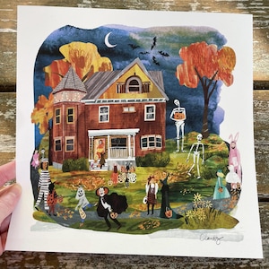 May include: A watercolor illustration of a house at night during Halloween. Trick-or-treaters in costumes walk on the lawn. The house is brown with a yellow roof and a porch. Trees with orange leaves and a crescent moon are in the background.