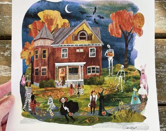 Halloween Trick or Treating in New England Giclée Art Print for Playful Fall Decor