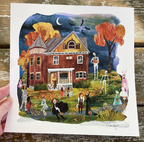 Halloween Trick or Treating in New England Giclée Art Print for Playful Fall Decor