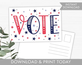 Op de afbeelding: Een rood, wit en blauwe ansichtkaart met het woord "VOTE" in een gestileerd lettertype. De achtergrond is gevuld met rode en blauwe sterren. De ansichtkaart heeft een lege ruimte om een ​​bericht en een adres te schrijven.
