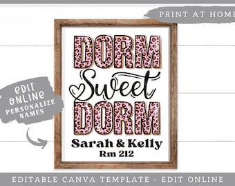 Signo editable de la habitación del dormitorio universitario - Personalizar nombres Dorm Sweet Dorm, Dorm Roommates Sign Imprimible - Plantilla digital - Descarga de autoedición