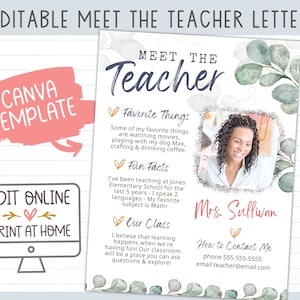 Plantilla editable de Meet The Teacher, Eucalipto de acuarela verde, Carta de bienvenida de regreso a clases, Editable en Canva, Imprimible