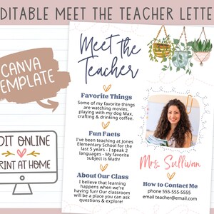 Plantilla Canva de carta editable de Meet The Teacher, carta de bienvenida de regreso a la escuela imprimible, impresión de inicio de clases de los maestros en casa