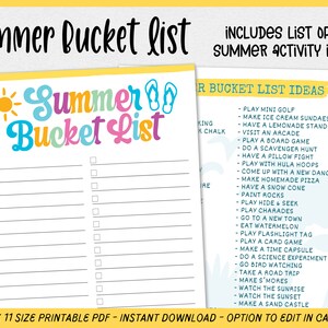 May include: A printable summer bucket list with a colorful title and 60 summer activity ideas. The list includes activities like playing mini golf, making ice cream sundaes, and having a lemonade stand. The printable is 8.5 x 11 inches and can be edited in Canva.