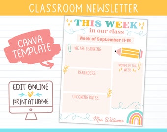 Classroom Newsletter Editable Template, Weekly or Monthly Teacher Note To Parents Canva Template, Edit Online and Print At Home